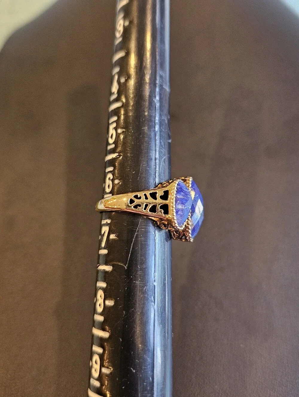 Three-Stone Blue Faceted Lapis Gemstone Ring in Gold Over Sterling Silver - Picture 3 of 7